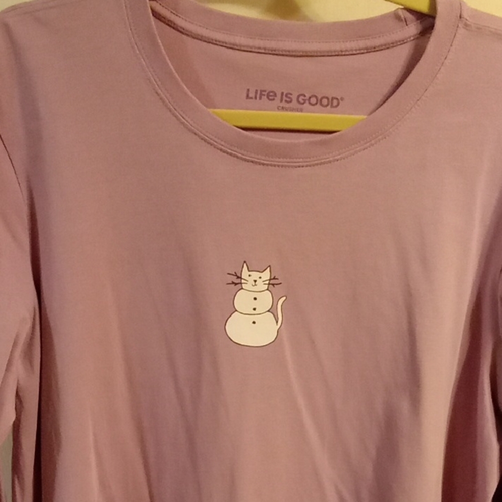 NWOT Life Is Good Women’s Mauve/Pink Long Sleeve Tee, with Cat Snowman, Size XL - Picture 8 of 13
